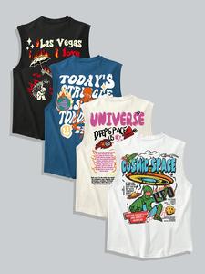 men's cartoon graphic round neck tank top, men summer vest, street fashion sleeveless top for summer, back-to-school clothing, fashion men's clothes for daily streetwear, 90s clothing, t shirts for men, going out tops, summer clothes, tank tops workout