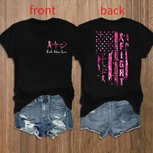 Women's Breast Cancer Awareness Graphic Print T-Shirt - Short Sleeve Crew Neck Casual Top with Pink Ribbon & "Empowerment" Design, Semi-Sheer Geometric Pattern, Machine Washable for Summer & Spring, Empowerment Clothing | Inspirational Text Tee