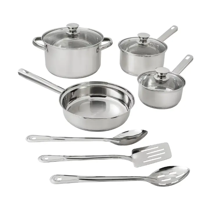 Stainless Steel 10Pc Cookware Set Induction Compatible High-Grade Steel Encapsulated Base Oven Safe Riveted Handles Drip-Free Pouring - Pan