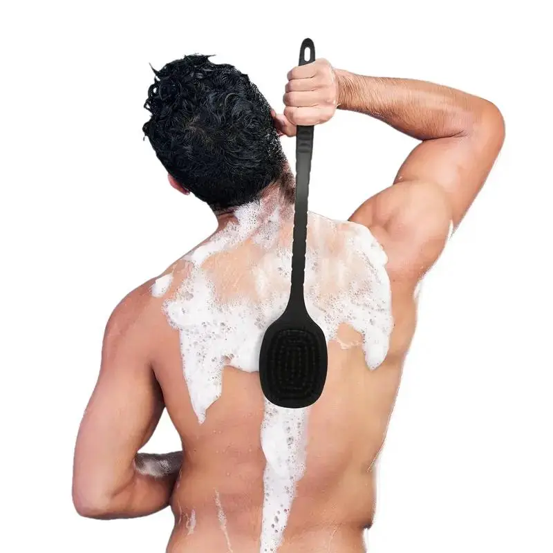 Silicone Long Handle Double-sided Bath Brush, Bathroom Accessories Hanging Soft Back Shower Scrubber, Silicone Scrubber