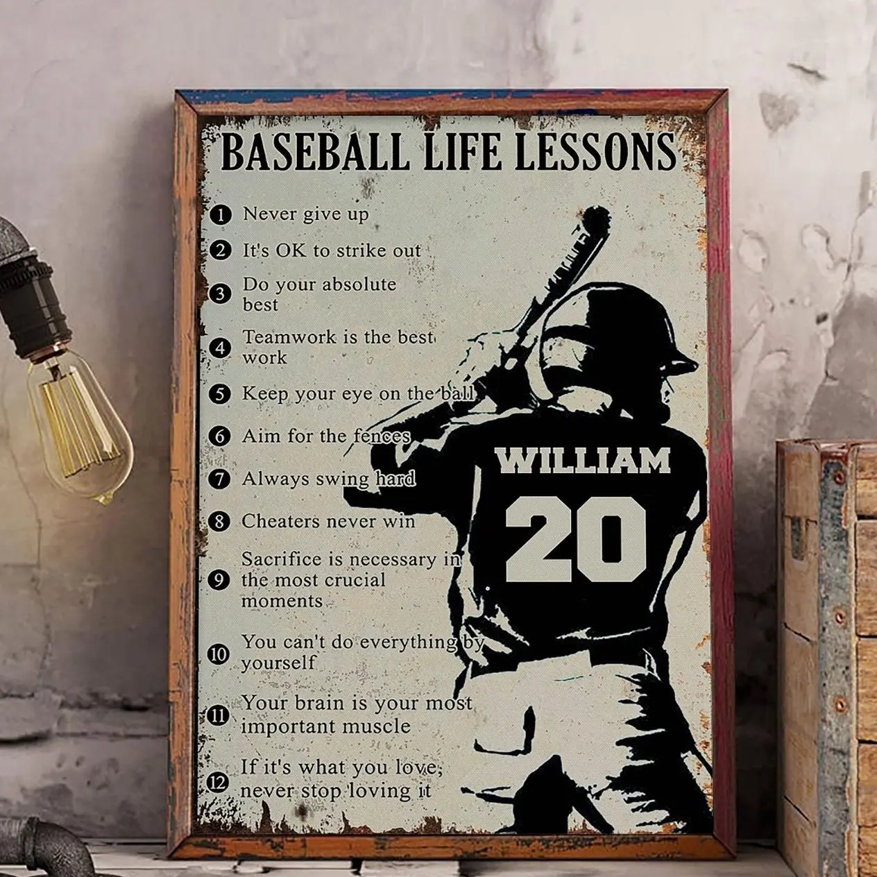 Personalized Baseball Life Lessons Poster, Custom Name Number Player Wall Art, Gift For Son From Dad Sign, Motivational Sports Quotes Print