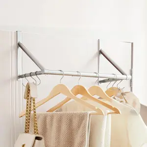 Metal Over The Door Clothes Hanger Drying Rack with 6 Hooks, Silver Laundry Drying Rod for Laundry, Bedroom, Washroom, Closet, Fits Door Up to 1.97"