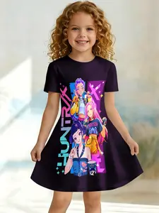 Sweet Cool Style Princess Dress, Asymmetrical Design, Short Sleeve, Knee Length, Fitted One-Piece, Casual All over Print