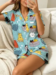 Women's Short Sleeve Button Down Top and Shorts Pajama Set, Spring Summer Wear, For American Retro Sweet Cool Girls, Light Blue Base Vintage Cartoon Cat Print, Classic Lapel Collar, Loose Straight Fit, Comfortable For Home & Outings