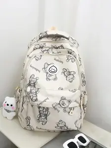 Fashionable bear print backpack with cute pendant, simple and versatile backpack, multi-compartment large capacity student backpack, girls campus backpack, suitable for students commuting to class backpack