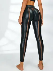 (RUN SMALL,PLEASE SIZING UP)ZASUWA Female Faux Leather Mesh Stripes Leggings