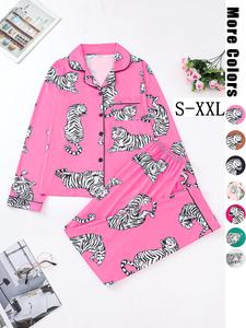 women's all over tiger print lapel pocket blouse & elastic waist pants pyjama two-piece set, casual comfy long sleeve button front top & trousers pj set, ladies sleepwear for spring & fall, loungewear set women