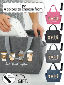 Insulated Lunch Bag, Durable Lunch Bag, Thermal Bag, Printed Coffee Pattern, With Black Cutlery Storage, Double Pocket Lunch Box, Large Capacity, Student Teacher Meal Insulated Cooler, Portable Travel Picnic, Office School Lunch Box, Back To School Gift