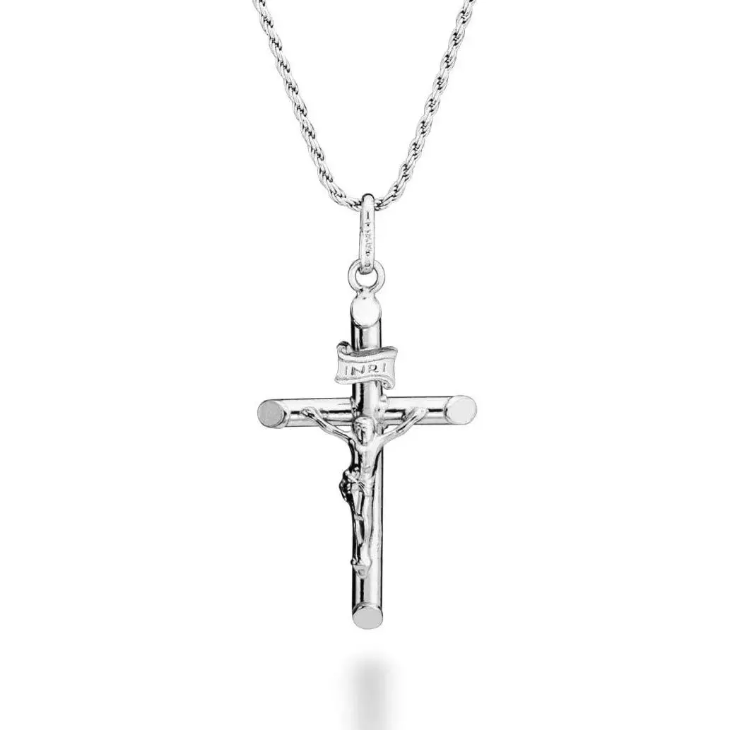 Rhodium Plated Sterling Silver Small or Large Crucifix Necklace for Men Women, Cross Pendant with Rope Chain