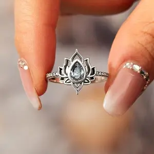 Vintage Sterling Silver Royal Lotus Ring Colored Zircon Promise Ring for Women's Fine Jewelry