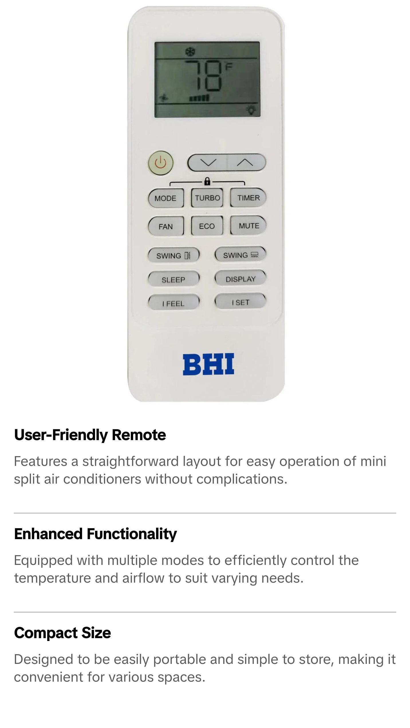 BHI Mini Split Air Conditioner Remote