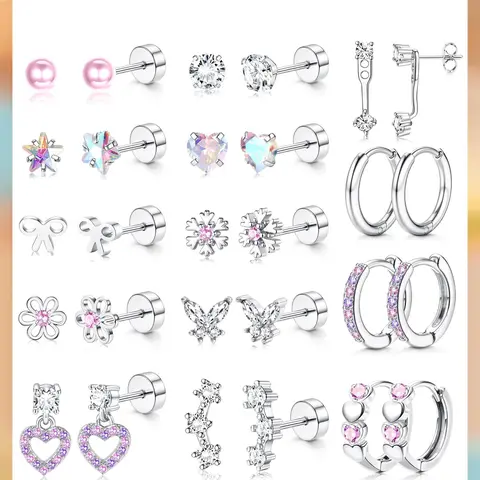 LOLIAS Hypoallergenic Surgical Stainless Steel Flat Back Earrings Set for Women - Sparkling Tarnish-Free Small Hoops, Cartilage Studs & Earring Stack for Sensitive Ears, Ideal for Family & Friends