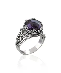Greek Key Pattern Filigree Art Amethyst Gemstone Women Silver Cocktail Ring