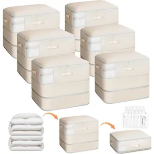 6 Pack Compression Storage Bags - 110L Large Capacity Comforter Storage Bag, 3-Layer Washable Ultra Space Saving Self Compression Organizer Space Bags for Blankets, Sweaters, Sheets, Beige