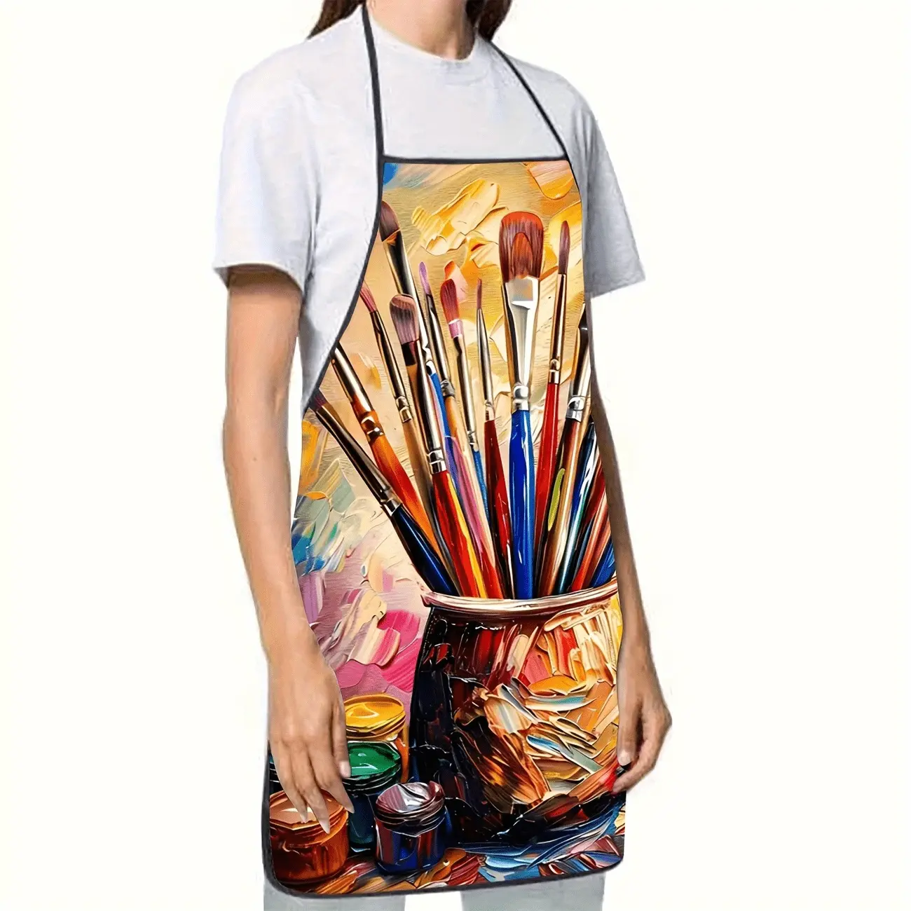 [Artistic Painting Apron] 1pc Artistic Painting Apron | Full Coverage Kitchen Apron with Colorful Brushes & Paint Tubes Pattern, Durable Easy-Clean Polyester for Home Cooking, Professional Artists, Painting Classes - Ideal Gift for Artists & Foodies
