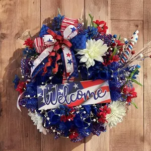 Patriotic Red White and Blue Welcome Door Wreath with Stars and Stripes Design for Festive Home Decor
