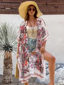 Boho Floral Print Sheer Kimono Cardigan