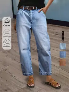 Women's Casual Elegant Light-Washed Tapered 7/8 Length Jeans With Pockets And Pleated Details, Four-Season Essential, Slim-Fitting Plain Design, Perfect for All Seasons, Fashionable Ladies' Clothing, Womenswear, T-Chic