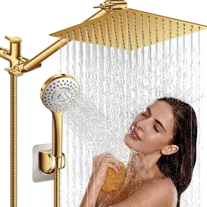 High  Rainfall Shower /Handheld Shower Combo with 11" Adjustable Extension Arm, 5  Settings Shower Heads with 60" Hose Anti-leak (), 10"