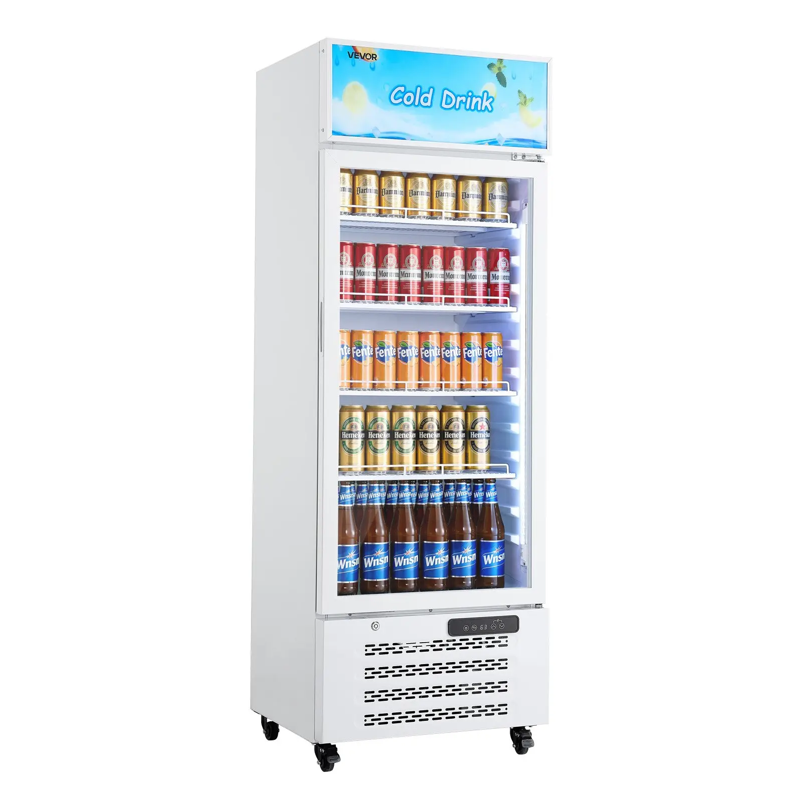 【Summerfinds】VEVOR 9.6 cu.ft/273L Commercial Compressor Beverage Refrigerator with Tempered Glass Door, 23.4x22.2x68.3 in Upright Merchandiser for Shops & Bars, Auto Defrost, Customizable Lightbox, 4 Adjustable Shelves, Soft LED Lighting, 123.5 lbs