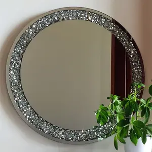 New 1pc Wall-mounted Round Mirror Rhinestone Decorative Vanity Mirror Bathroom Mirror Makeup Mirror For Hallway/Bathroom/Bedroom Home Decor Glass Wood