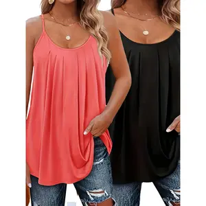 2-Pack Plus Size Solid Round Neck Tank Tops, Moderate Stretch Open Back Cami Tops for Spring Summer Casual Wear
