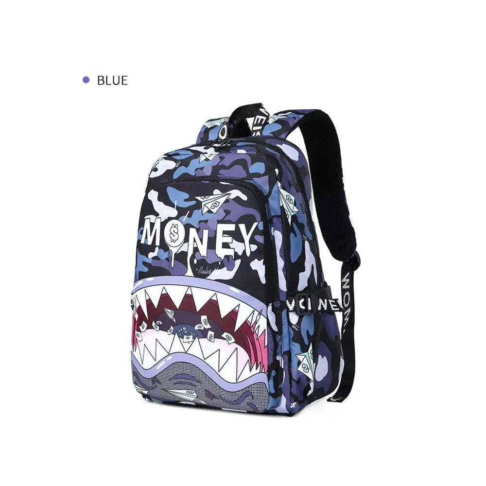 Sprayground Blue Camo Money Shark Mouth Print Backpack - Hype Streetwear Large-Capacity Oxford Fabric Laptop Backpack, Durable Fashion Bag for Teen Boys, Ideal for Back-to-School Daily Casual Use