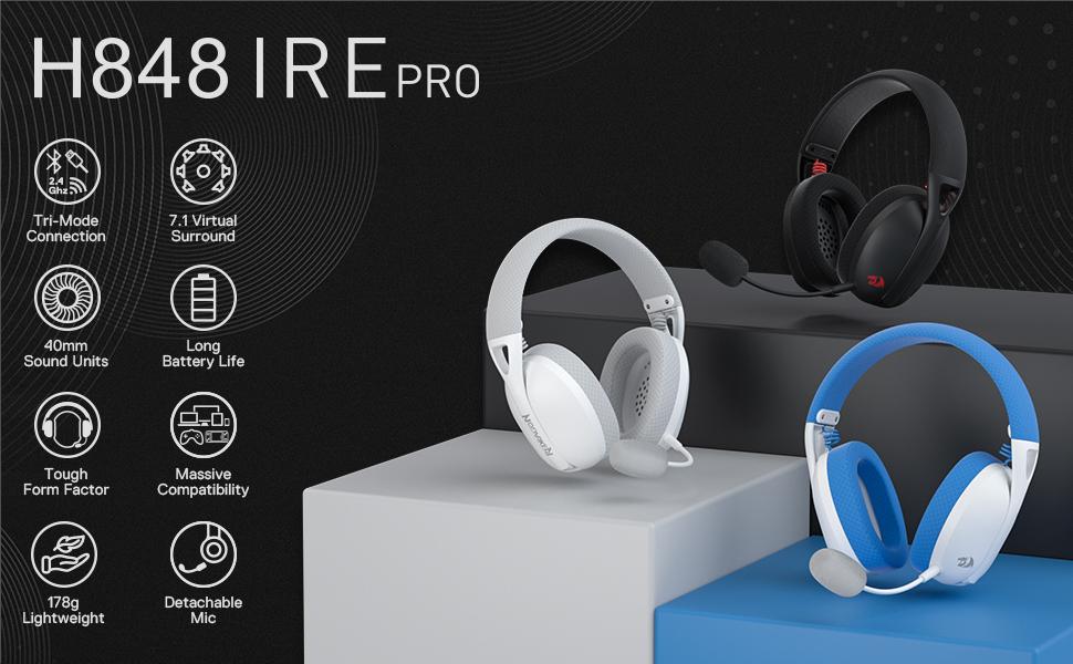 Redragon H848 Headset Bluetooth Wireless Gaming Lightweight 7.1 Surround Sound 40MM Drivers Detachable Microphone Multi Platform
