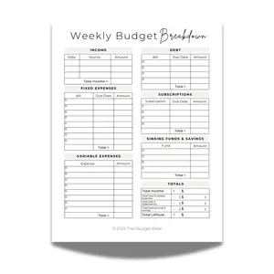 Weekly Budget Breakdown Pad for Weekly Budgeting and Weekly Paychecks, 25 pages of Budgeting Templates