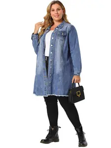 Agnes Orinda Plus Size Button Up Frayed Hem Shacket Long Sleeve Denim Jean Jacket