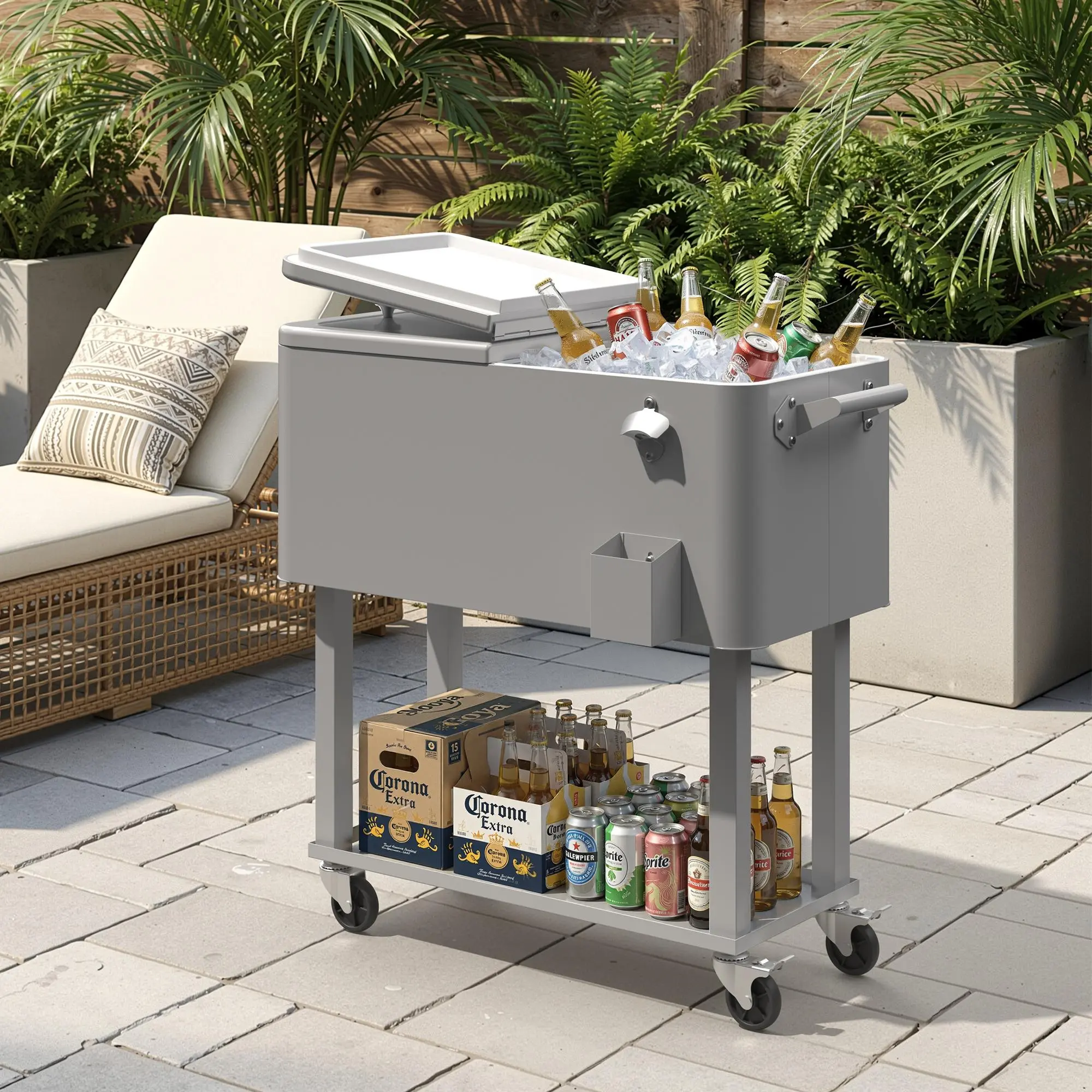 AMOPATIO 80 QT Rolling Outdoor Cooler Cart (Light Gray), Mobbile Heavy Duty Metal Patio Beverage Bar Cart with Storage Shelf, 48H Long-Lasting Ice Chest Cooler on Wheels for Backyard BBQ, Party & Deck