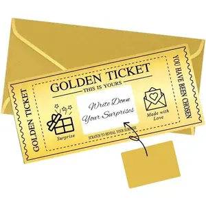 Golden Ticket with Envelopes, Scratch off Card Surprise Gift Reveal, Card as Perfect for Birthday Wedding Concert Ticket Cinema Voucher Raffle Gift