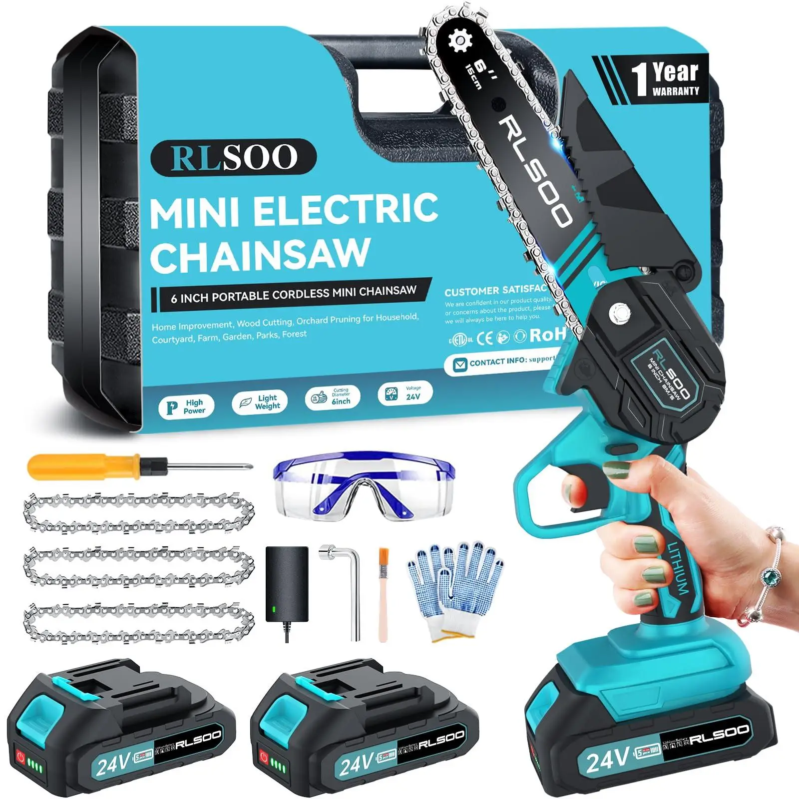 Mini Chainsaw 6 Inch, RLSOO Cordless Power Chain Saws with 2 Batteries and 2 Chains, Portable One-Hand Use Electric Chainsaw with Safety Lock, Handhel