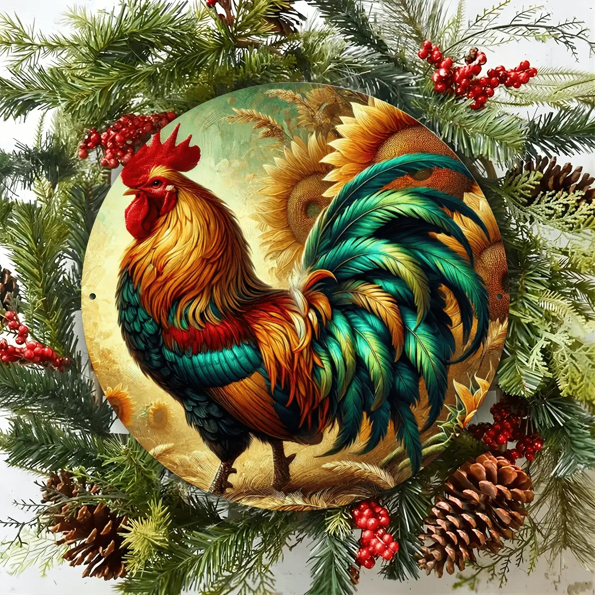 Vintage Farmhouse Rooster Wall Art Featuring an 8.87 Inch Round Metal Tin Sign for Home Living Rooms Kitchens Bedrooms Barn Bars and Restaurants
