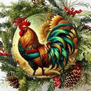 Vintage Farmhouse Rooster Wall Art Featuring an 8.87 Inch Round Metal Tin Sign for Home Living Rooms Kitchens Bedrooms Barn Bars and Restaurants