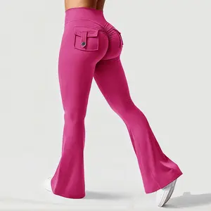 BaseTry Women's Spring Flared Pants, High-Waisted Yoga Pants with Pockets, Loose-Fitting Stretchy Casual Pants, Loungewear, Athletic Pants