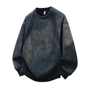 Men's long-sleeve crewneck sweatshirt, solid color tie-dye heavyweight pullover, casual and stylish versatile streetwear for spring, back-to-school season