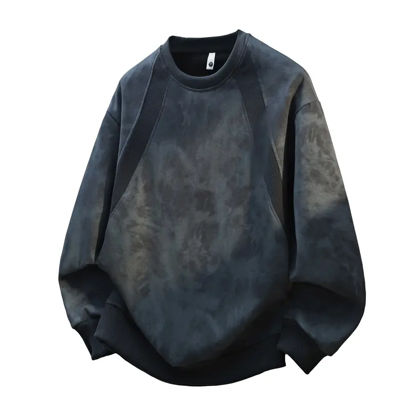 Men's long-sleeve crewneck sweatshirt, solid color tie-dye heavyweight pullover, casual and stylish versatile streetwear for spring, back-to-school season