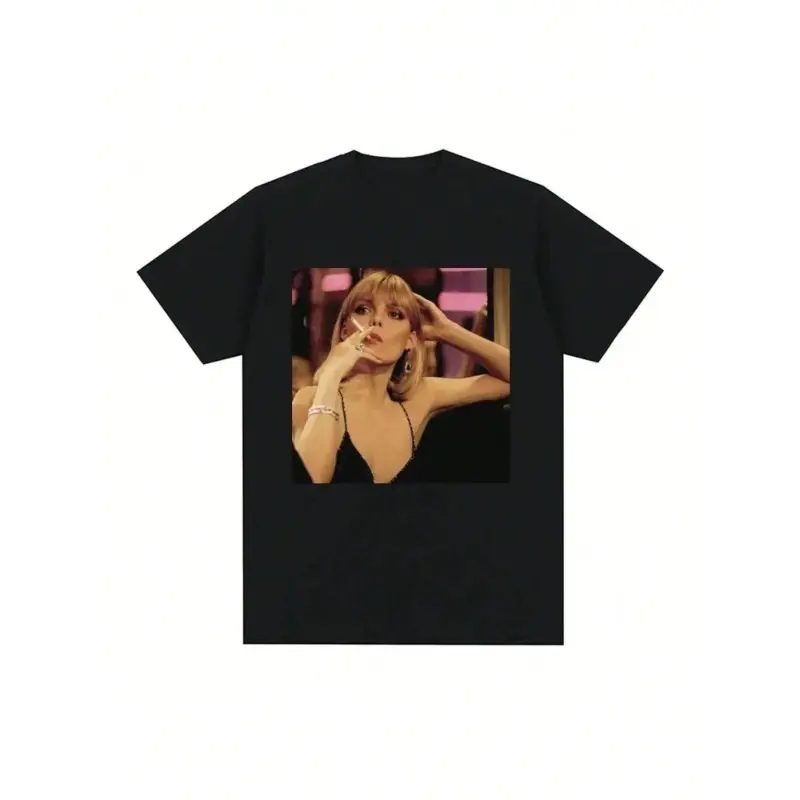 Women's 2024 Cotton Fitted Movie Graphic Print T-Shirt - Michelle Pfeiffer & Tony Montana Design, Short-Sleeve, Round Neck, Cute Casual Street Wear Top, Vintage Punk Gothic Style, Cold Wash Compatible