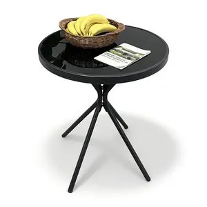 23" Outdoor Round Coffee Side Table, Versatile Patio Metal Bistro, End, or Accent Table with Tempered Glass Top, Small Outdoor Furniture Solution for Patio or Home Use
