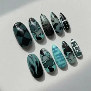 Cosplay Demon Slayer Press On Nails, Handmade Water Hashira Anime Nail Art