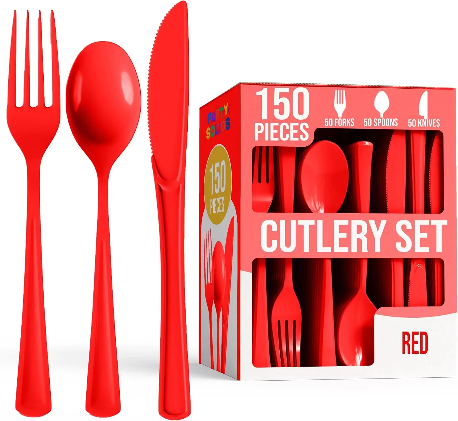Party Solids Red Plastic Silverware Heavy Duty 150 Pieces Red Disposable Silverware Heavy Duty, Utensil Sets, 50 Of Each Forks, Knives & Spoons Disposable Cutlery Set For Party Supplies
