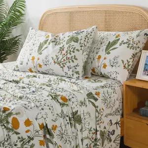 California King Size Sheet Sets 100% Percale Green Floral Yellow Flower  Green Leaves Botanical Pattern Garden Crisp Deep Pocket Sheet 17.5'' 4Pcs, Cal King