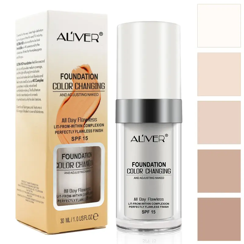 ALIVER Colour Changing Liquid Foundation (2-Pack, 30ML) - Vitamin C Makeup with SPF 15, Moisturizing, Hydrating, Whitening, Color Correction, Concealer Base for Women, All Skin Tones, Long-Lasting Flawless Complexion, All Skin Types
