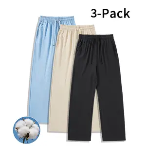 Men’s Summer Breathable Cotton Linen Wide-Leg Pants, 3-Pack — Soft, Relaxed Fit, Drawstring, Casual Everyday Pants with Side Pockets