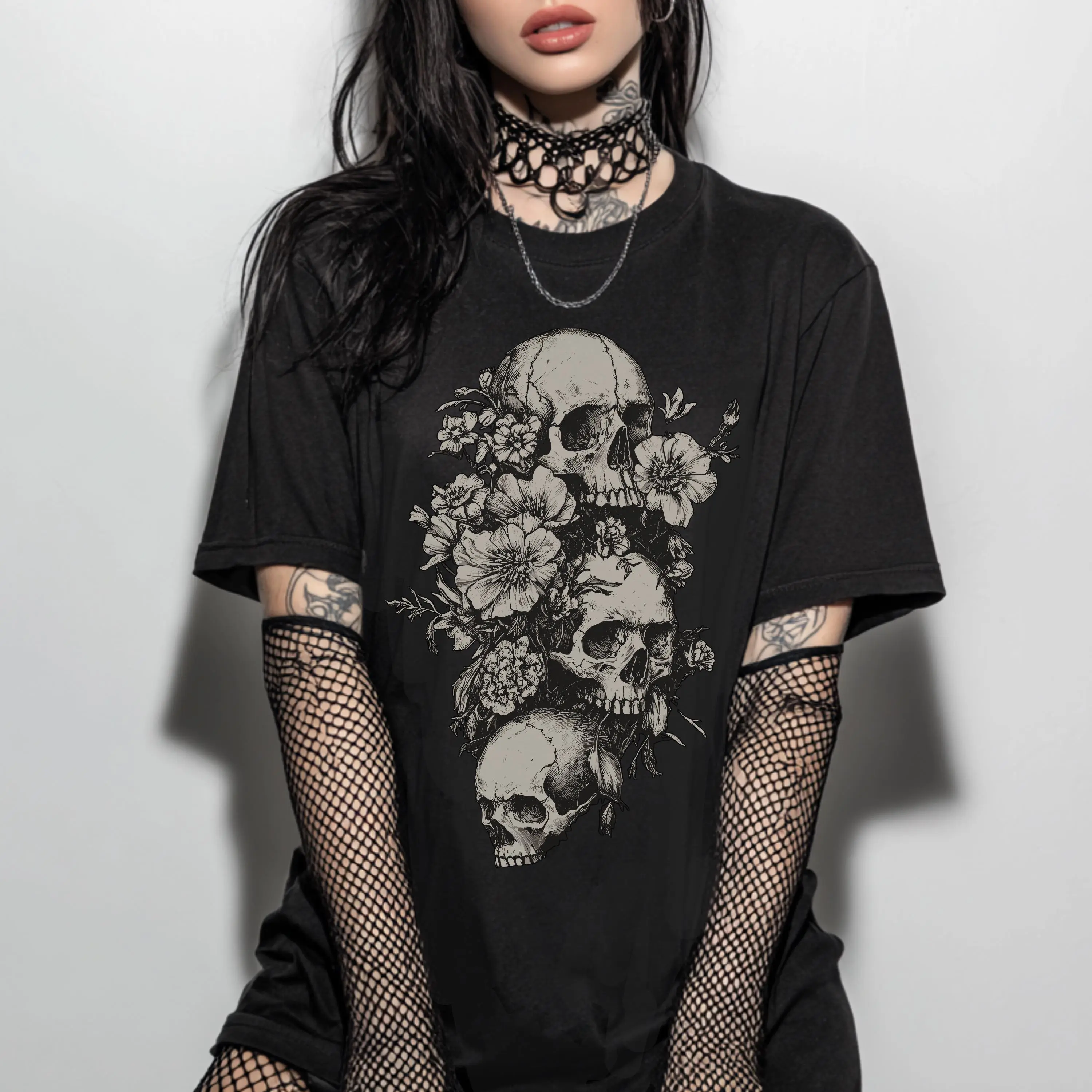 Shaniah Floral Skull Graphic T Shirt Gothic Whimsigoth Grunge Style Alternative Goth Tee Gift, Summer Goth Clothes
