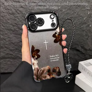Shockproof Glitter Phone Case For  Luxury Gradient Oil Painting Flower For iPhone Samsung Galaxy 17Pro Max Air 16 15Plus 14 13 12 11 XR XS  S26 S25 S24 S23 S22 Electroplated Bumper With Flower Lanyard .XF666