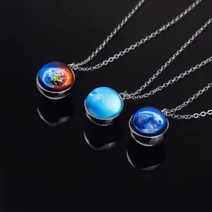 Solar System Pendant Necklace Glass Ball Pendant Fashion Jewelry Accessories Gift for Space Lovers with Chain
