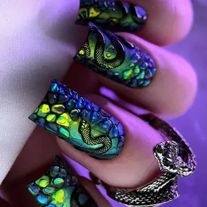 24pcs Press-On Nails Set, Rainbow Snake Pattern, Long Rectangle Dark Style False Nails, Includes Jelly Glue & File