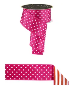 2.5" x 10yd D'Lux Polka Dot Ribbon in Hot Pink & White w/ Stripe Fused Backing